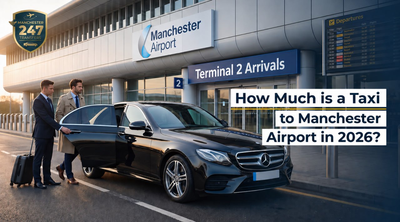 A taxi to Manchester Airport Terminal 2 arrivals with a driver assisting a passenger with luggage