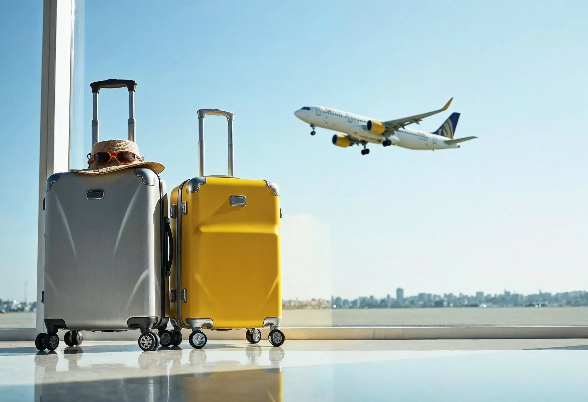 Suitcases at Manchester Airport with plane taking off — Manchester 24/7 Transfers