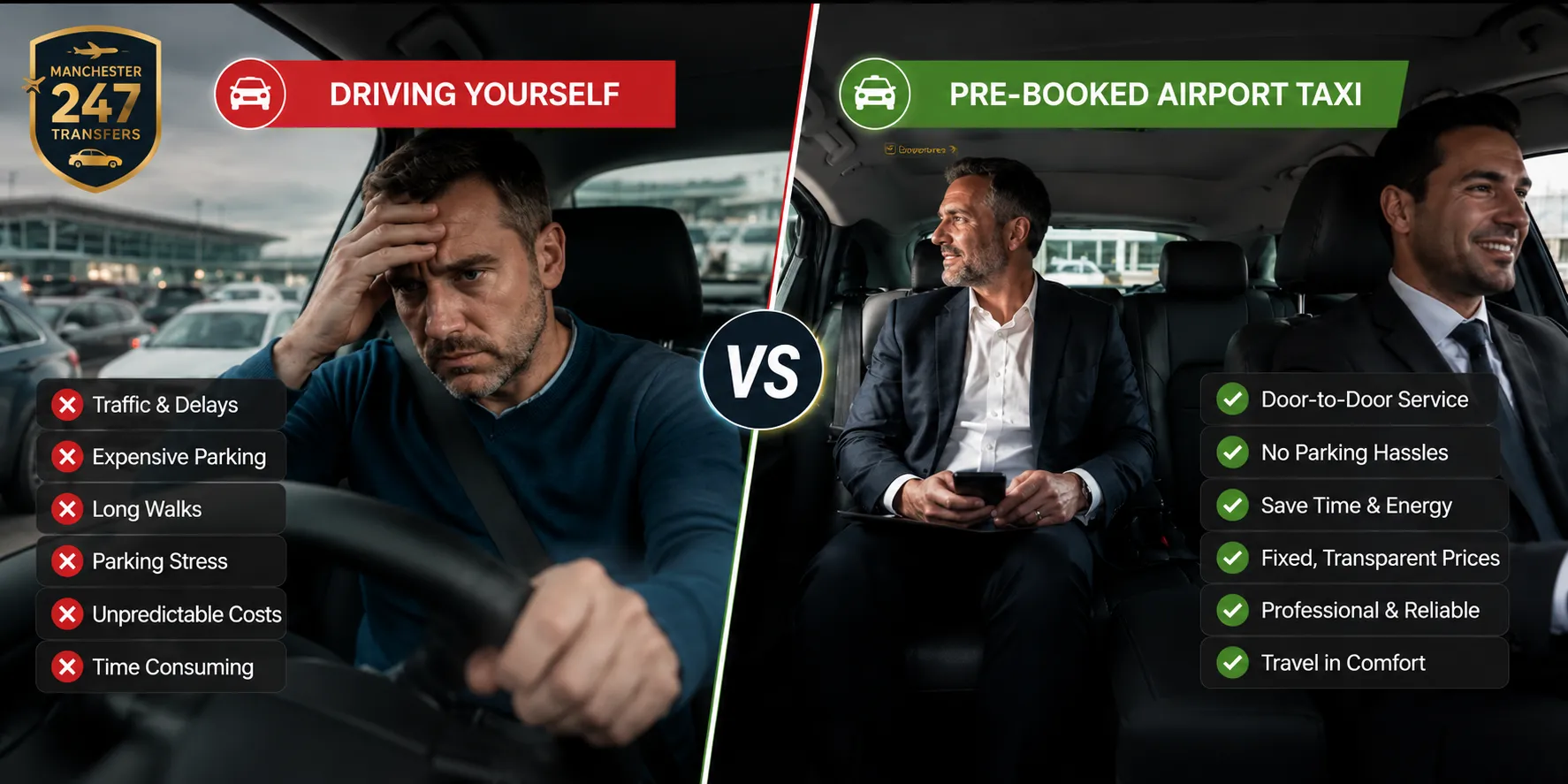 Comparing driving versus booking a taxi to Manchester Airport